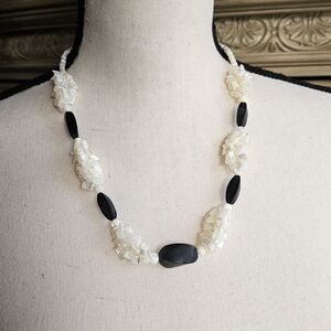 Vintage Mother of Pearl Jet Stone Necklace Black White Iridescent Chunky Bead